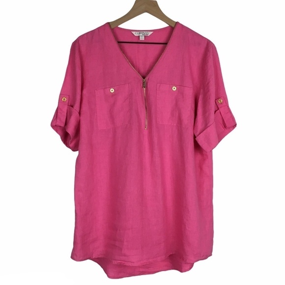 ELLEN TRACY Linen Tunic Top Pink Gold Zipper Short Sleeve Lightweight Size Large - Picture 1 of 9
